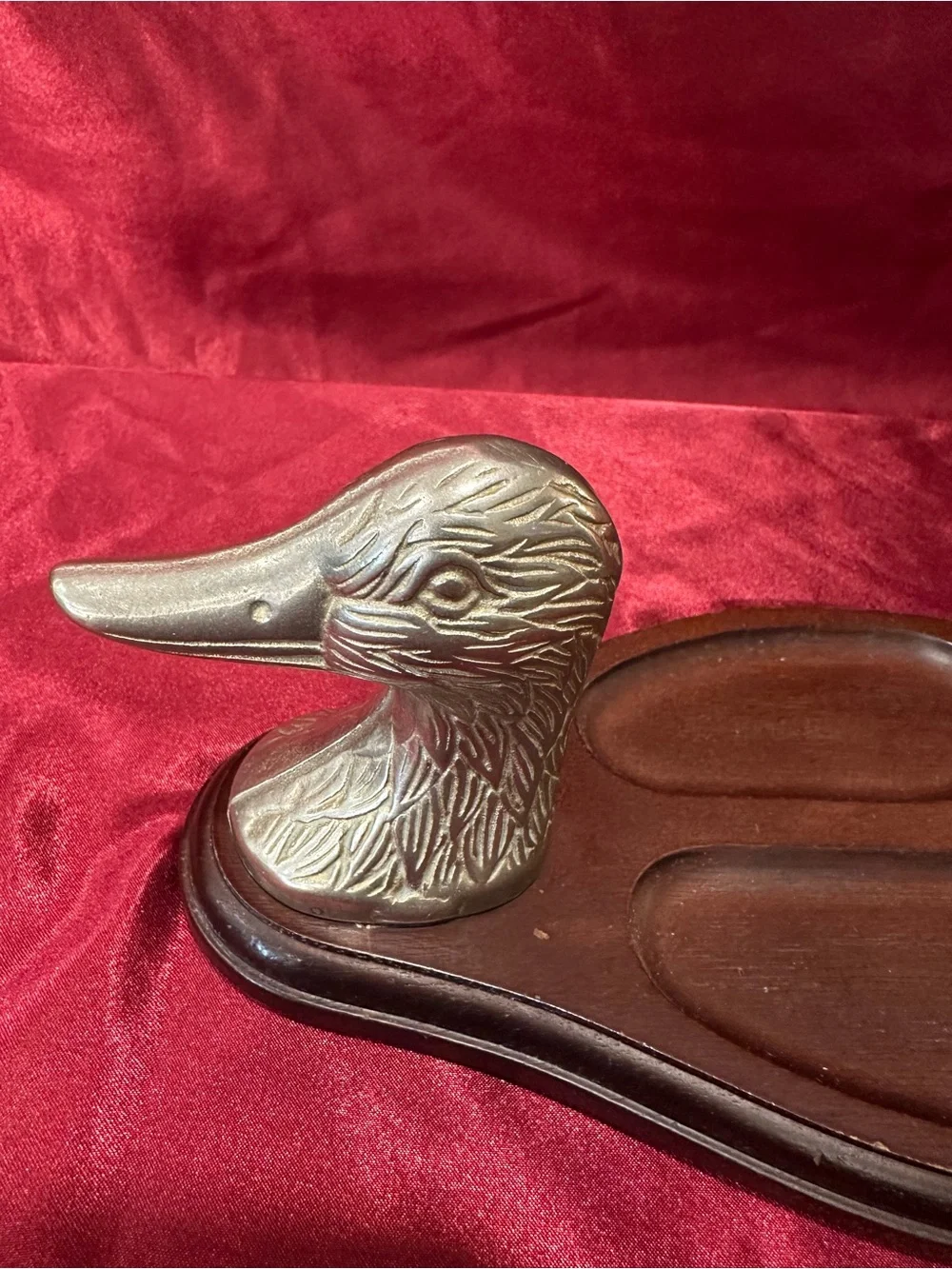 Vintage Brass Duck Head Wood Valet Tray 3 Compartment 10
